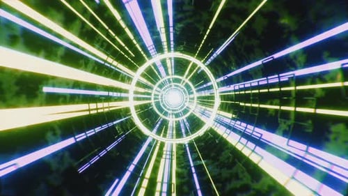Colorful futuristic tunnel in virtual reality with flying rotating lines