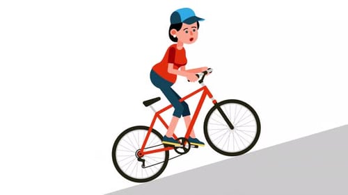 Woman Struggling to Ride Bicycle Uphill