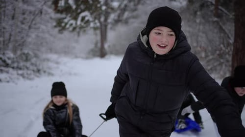 Winter Vacation Concept Children Have Fun Sledding