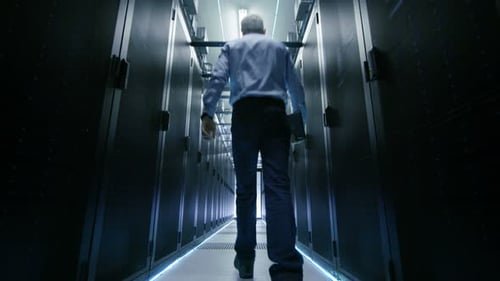 Foto siguiente de un ingeniero de servidores entrando por puertas corredizas que se abren y atraviesa el centro de datos C