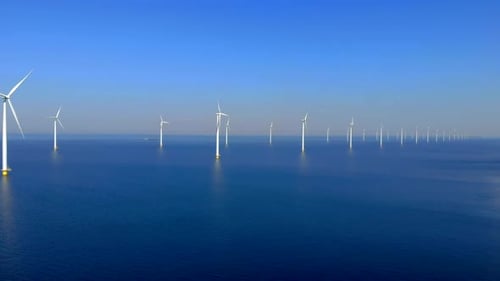 Green Energy Offshore Windmill Park Windmill Park in the Ocean Aerial View Wind Turbine