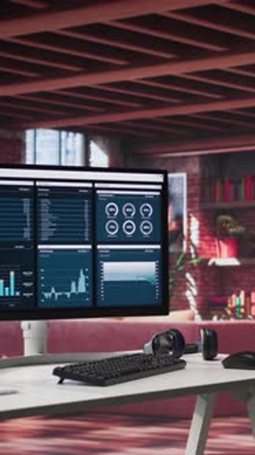 Vertical Video Modern Home Office with Desktop PC Monitor Displaying Business Analytics