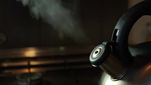 K123. The water in the kettle boils and steam comes out. Making coffee or tea.