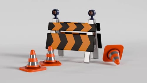 Animated 3D Traffic Cones and Warning Road Barrier
