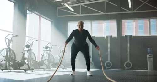 Fitness, Frauen und Bewegung mit Kampfseilen im Fitnessstudio für Krafttraining, Rumpfkraft oder Ausdauer