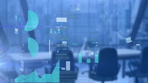 Animation of data processing with statistics over empty office on blue background