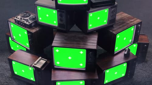 Vintage Television Stack with Green Screens for Media Display