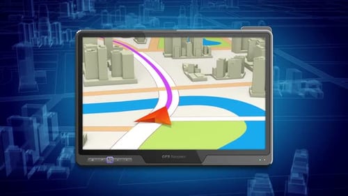 GPS-Navigationskonzept. Pfeil, der sich auf einer Karte im Laptop vorwärts bewegt. Nahtlose Schleife. Blauer
Hintergrund