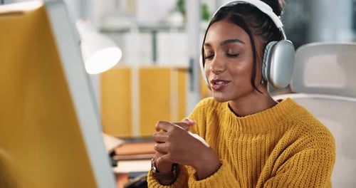 Office, businesswoman and computer with talking for video call, online communication