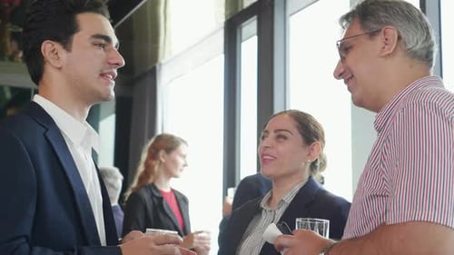 Group caucasian business team discussion at conference in office after break, collaboration teamwork