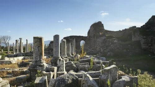 ruins of the ancient city of Aphrodisias. blue sky sunny day. 4K. Aydin Turkey. 3