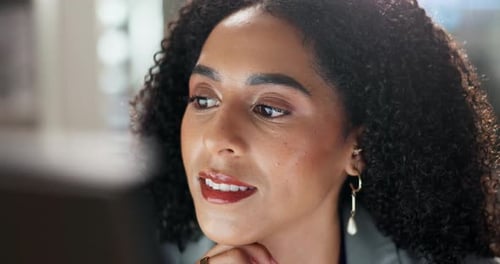 Corporate, business woman and reading with digital research for administration work at company