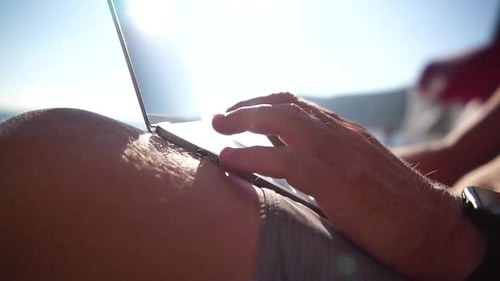 Man Laptop Sea Working Remotely on Seashore Happy Successful Man Male Freelancer Working on Laptop