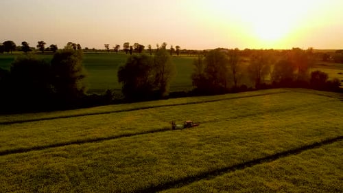 Farming Tractor Spraying on Yellow Blooming Canola Field with Sprayer Herbicides and Pesticides at