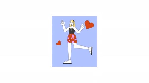 Animated Woman Dancing with Hearts in Flat Design Style
