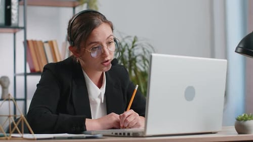Businesswoman Working on Laptop Wearing Headset Call Center Support Service Operator Office Helpline