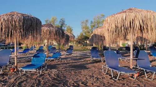 Camera Moves Between Sun Umbrellas Sun Loungers Relaxation Beach Hotel
