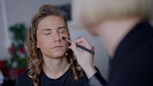 Makeup for Gay Male Model in Beauty Studio or Fashion Show Handsome Lgbt Person and Makeup Artist