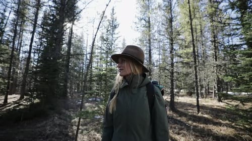 Young woman enjoys serene solitude in sunny woods on a hiking adventure