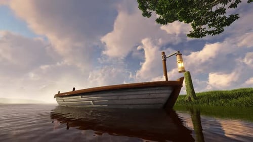 Serene Lake Landscape with Traditional Wooden Boat and Sky