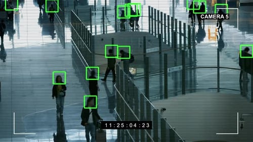 CCTV camera identifies people's faces and objects at the airport.