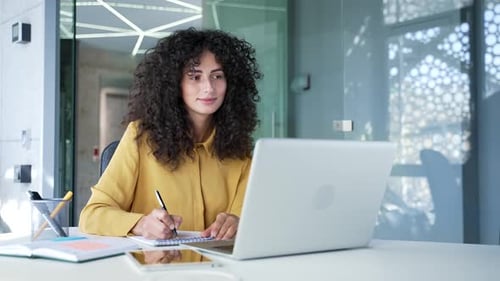 Woman Works at Desk with Laptop and Notebook