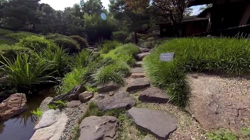 Steadicam shot moving along path of Japanese tea garden, or Roji.
