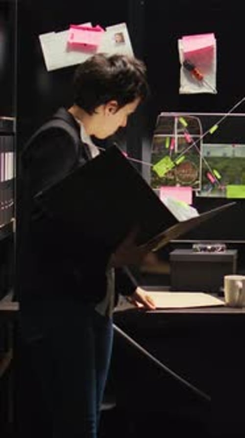 Woman Detective Examines Evidence in Darkened Office