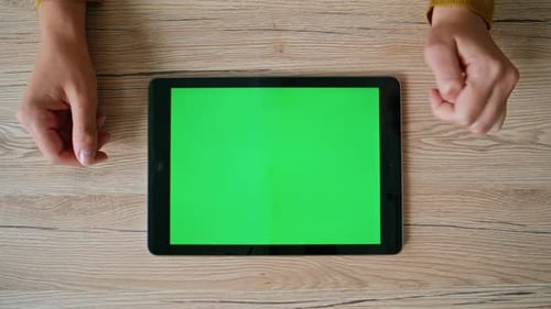 Hands Choosing Purchases Chroma Key Tablet in Home Table Closeup Unknown Woman