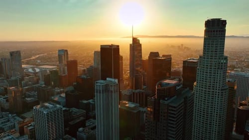 View on Los Angeles downtown at sunset time.
