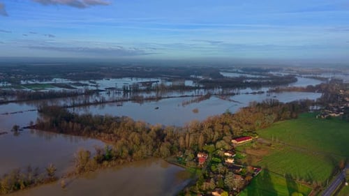 Aerial view of floodwaters engulfing fields, Sainte-Croix-du-Mont, France.