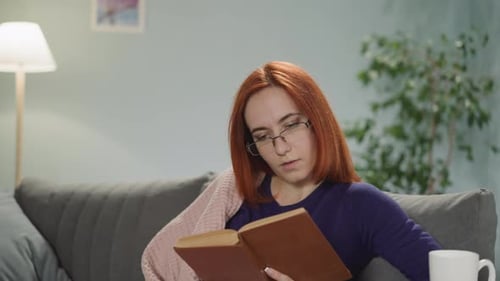 Woman Reads a Book on Cozy Sofa