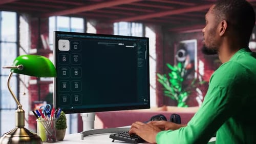 Un homme noir utilise un logiciel de chat IA texte-image dans son loft moderne