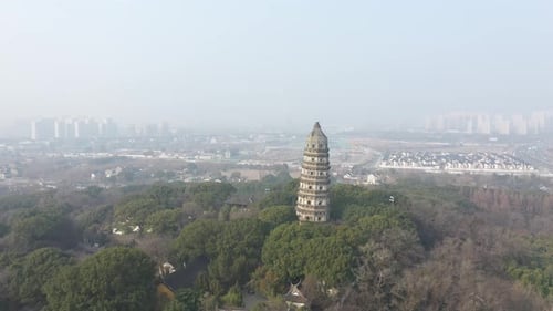 Aerial View of Suzhou’s Tiger Hill Park Scenery and Leaning Pagoda Suzhou City Jiangsu Province