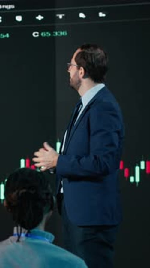 Vertical Video Professional Male Speakers Host Day Trading Presentation at Business Conference