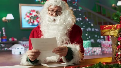 Santa Claus Reads Letter at Christmas Desk