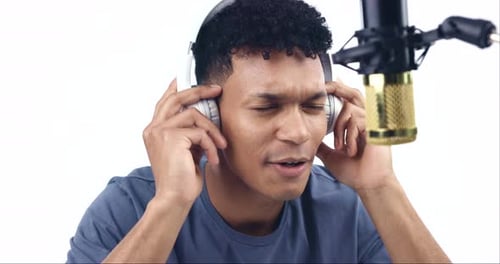 Singing, voiceover and man with microphone on white background for sound production