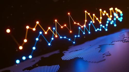 Looping 3D orange and blue market lines with nodes above world map