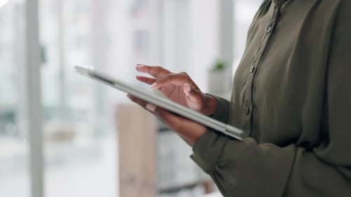 Tablet, search and hands of business person typing online email or social media browsing on mobile