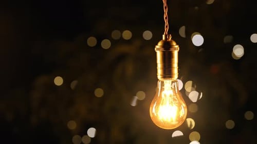 Decorative Old Edison Tungsten Filament Lamp Hanging Outdoors in Garden Glowing Vintage Lightbulb
