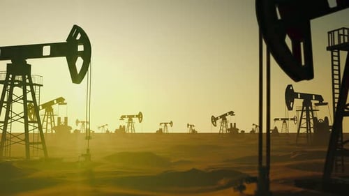 Concept of Global Ecology Factory Many Petrol Oil Pumping at Sunset Under