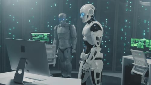 Artificial Intelligence Robots Couple of Cyborgs Programming Code Hacking Software Working Together