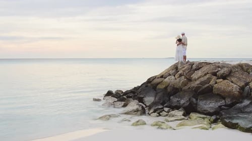 Elegant Couple Enjoy Calm Ocean In Tropics