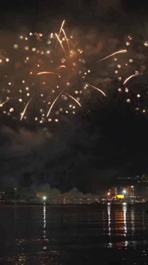 Fireworks with colorful lights over sea