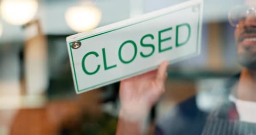 Closed sign, front door and cafe restaurant man, business owner or boss end service