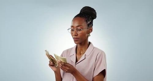 Counting, money or rich black woman with cash, income and happy with profit