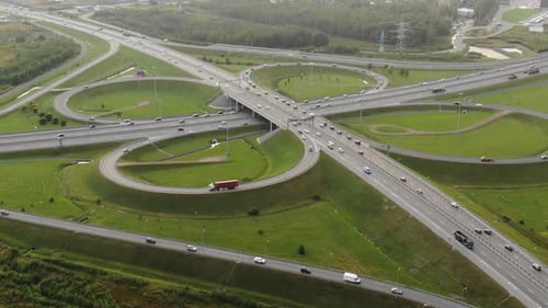 Aerial View of the Roundabout Road Junction Outside the City