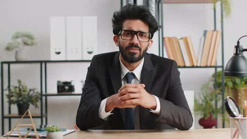 Businessman Working on Laptop at Office Talk on Online Communication Video Call with Employee Boss
