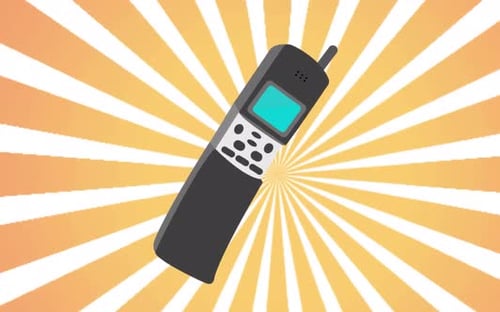 Animation motion loop design with an old retro hipster first mobile phone with antenna from the 90s,