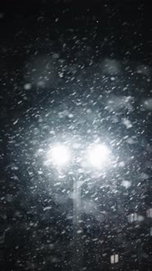 Snowfall at Night: Gentle Snowflakes Falling near Streetlight